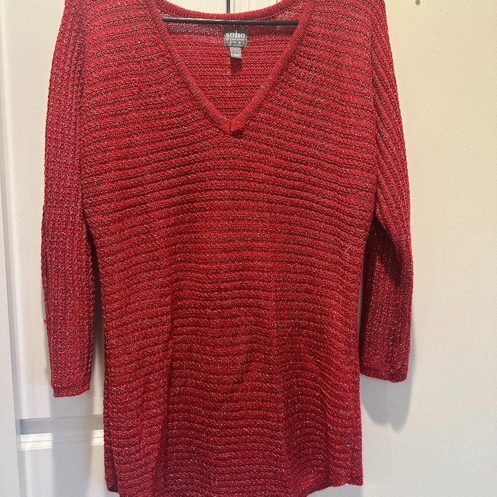 New York & Company Soho Glittery Festive Tunic V-Neck Sweater: Gently Worn, 3/4